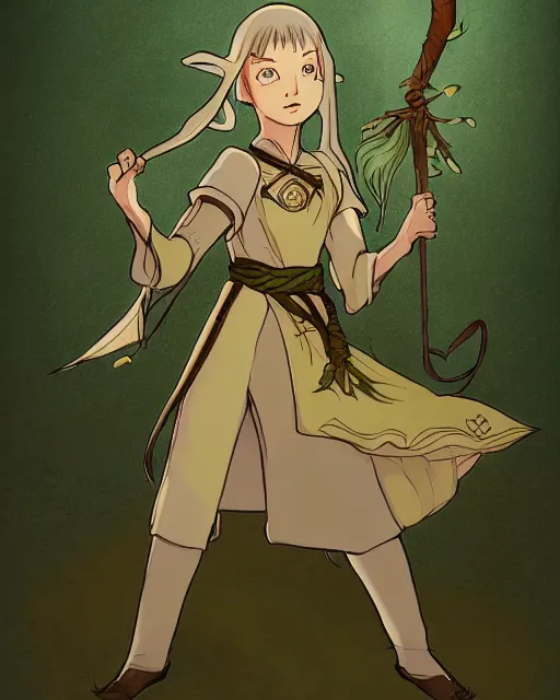 Prompt: DnD character art of rhiannon by hayao miyazaki, digital illustration, green and gold and brown palette, cinematic lighting