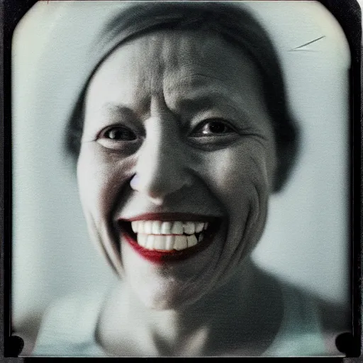 Prompt: eyes peering from inside mouth. portrait of a smiling woman with no teeth. many eyes. hq photo, surreal, harsh lighting. polaroid type 6 0 0. fear. unnerving. menacing. supernatural