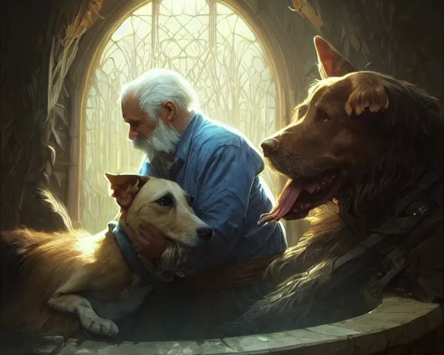 Image similar to old man hugging an old dog, deep focus, d & d, fantasy, intricate, elegant, highly detailed, digital painting, artstation, concept art, matte, sharp focus, illustration, hearthstone, art by artgerm and greg rutkowski and alphonse mucha