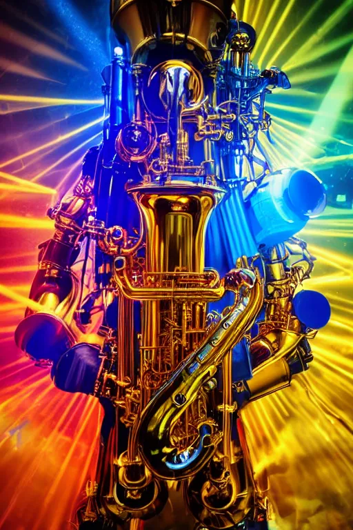 Image similar to portrait photo of a giant huge golden and blue metal humanoid steampunk robot saxophone player with multicolored big gears and tubes, a golden saxophone, eyes are glowing red lightbulbs, shiny crisp finish, 3 d render, 8 k, insaneley detailed, fluorescent colors, background is multicolored lasershow