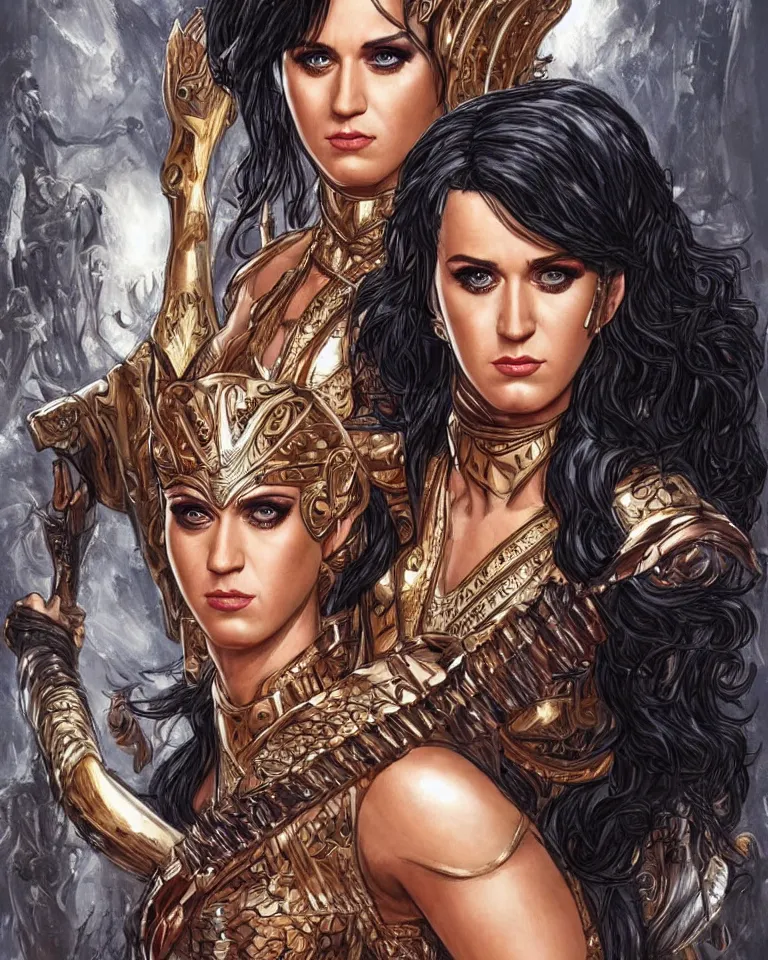 Prompt: katy perry as an amazon warrior, a tall beautiful woman with brown skin and long hair, dressed in hellenistic body armor, intricate, elegant, highly detailed, smooth, sharp focus, detailed face, art by ardian syaf