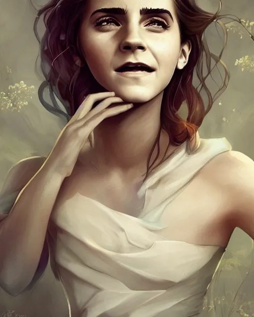 Image similar to beautiful full body Emma Watson smiling, art by Annegret Soltau, lois van baarle and loish and ross tran and rossdraws and sam yang and samdoesarts and artgerm, digital art, highly detailed, intricate, sharp focus, Trending on Artstation HQ, deviantart, unreal engine 5, 4K UHD image, 3D unreal 5, DAZ, hyperrealistic, octane render, cgsociety, Photolab, Lightroom, 4K, Dolby Vision, Photography Award, Irving Penn, Irving Penn , Irving Penn , Irving Penn