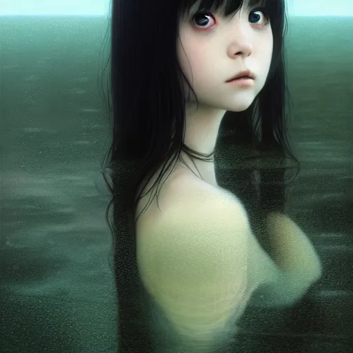 Prompt: very tiny girl by junji ito, green eyes and long black hair by ilya kuvshinov, sitting in a crystal clear lake painted by tom bagshaw, rtx reflections, octane render 1 2 8 k, extreme high intricate details by wlop, digital anime art by ross tran, wide shot, composition by tom bagshaw, lighting by wlop