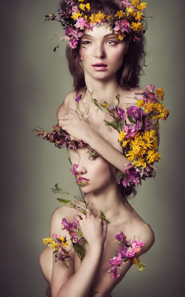 Prompt: a gorgeous young woman from the future adorned with flowers, creative studio portrait photography with wildly experimental lighting from various sources, cinematic, dramatic, in the style of WLOP and Norman Rockwell