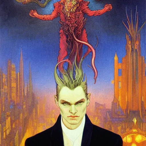 Image similar to realistic detailed portrait painting of a beautiful mysterious man with devil horns standing in a city at night background by Jean Delville, Amano, Yves Tanguy, Alphonse Mucha, Edward Robert Hughes, Roger Dean, rich moody colours, blue eyes