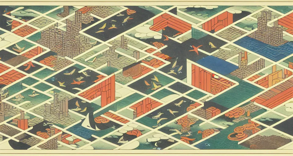 Image similar to isometric urban dashboard with time series charts, pie plots and other modern graphics, with small creatures swimming on it. monografia by diego rivera ( ukiyo - e influence )