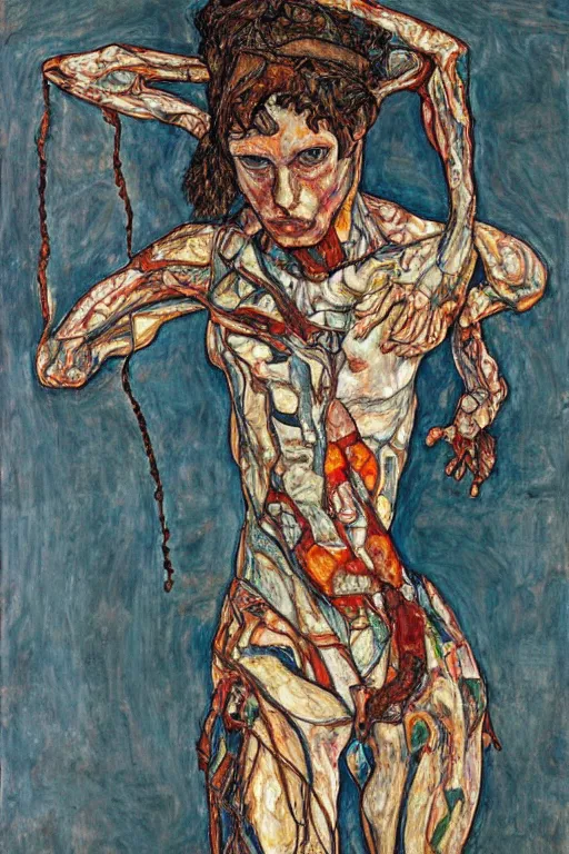 Image similar to a full body character with multiple lifted arms in style of egon schiele and herakut, masterpiece, hyperdetailed, complex, intricate, veiled, 4 k, dynamic!!