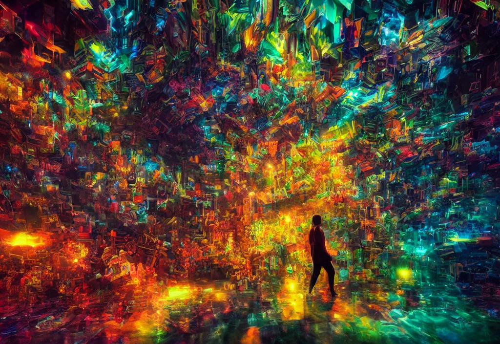 Image similar to cinematic shot epic hall of creatives, walls of large moving images, hyper realistic, mood lighting, fantasy, detailed people creating colorful diverse art, highly detailed, super realistic, perfect lighting pixel sorting, style sheet