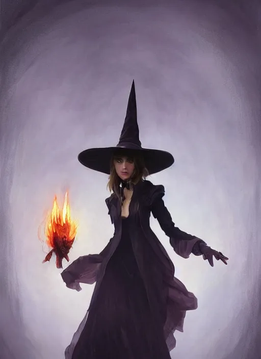 Image similar to character concept portrait of anna de armas as a witch with a big black pointy hat casting a spell, a floating burning love potion in the center, intricate, elegant, digital painting, concept art, smooth, sharp focus, illustration, from Metal Gear, by Ruan Jia and Mandy Jurgens and William-Adolphe Bouguereau, Artgerm