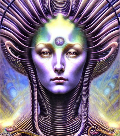 Image similar to detailed realistic iridescent beautiful young cher cyber alien fractal queen of mars portrait by jean delville, gustave dore and marco mazzoni, art nouveau, symbolist, visionary, baroque. horizontal symmetry by zdzisław beksinski, iris van herpen, raymond swanland and alphonse mucha. highly detailed, hyper - real, beautiful