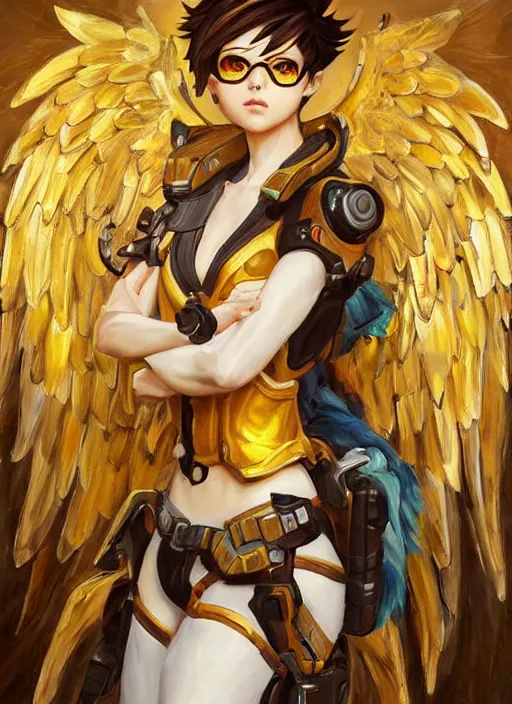 Image similar to full body oil painting of tracer overwatch in the style of sophie anderson, angel wings, angelic golden armor, dramatic painting, symmetrical composition, ornate, high detail, gold detailed collar!!!!!, blooming, lights, flowers, detailed face,
