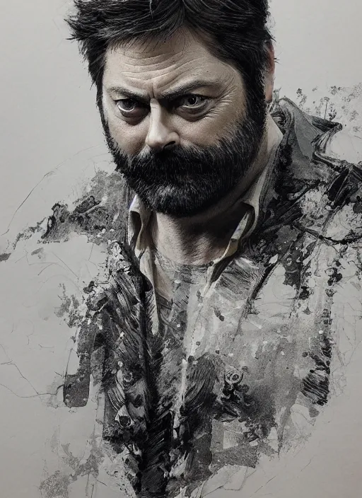 Image similar to portrait of nick offerman, pen and ink, intricate line drawings, by craig mullins, ruan jia, kentaro miura, greg rutkowski