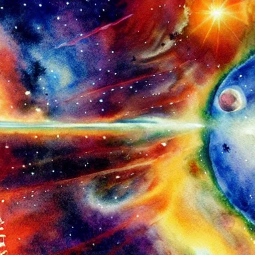 Image similar to planets colliding, space, stars, sun, earth, planets, explosions, nebula, galaxies, huge explosions in space, extreme detail, highly detailed watercolor art