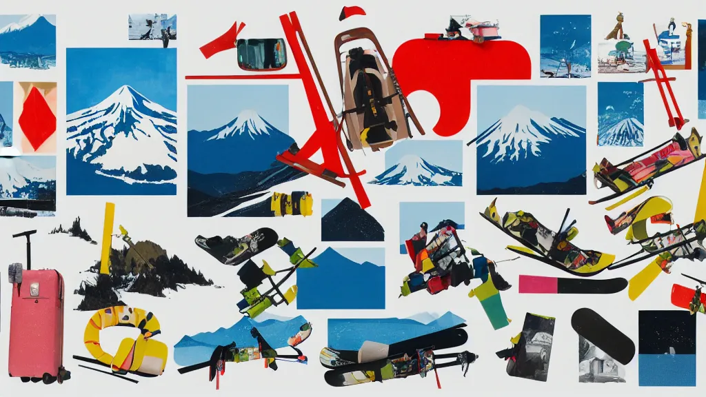 Image similar to an arrangement of skiing traveller props, japan, a collage painting, in the style of wes anderson, lola dupre, david hockney, isolated on negative white space background dark monochrome neon spraypaint accents volumetric octane render