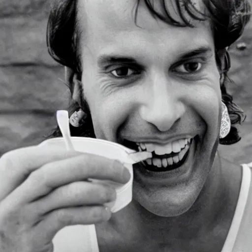 Prompt: hare krishna man with gently smiling eating ice cream, by Barry Lyndon