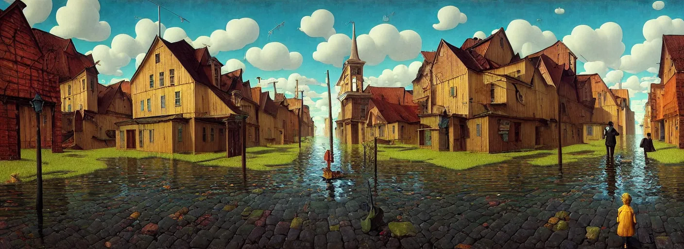 Image similar to flooded! old wooden empty cursed city street, very coherent and colorful high contrast masterpiece by gediminas pranckevicius rene magritte norman rockwell franz sedlacek, full - length view, dark shadows, sunny day, hard lighting, reference sheet white background