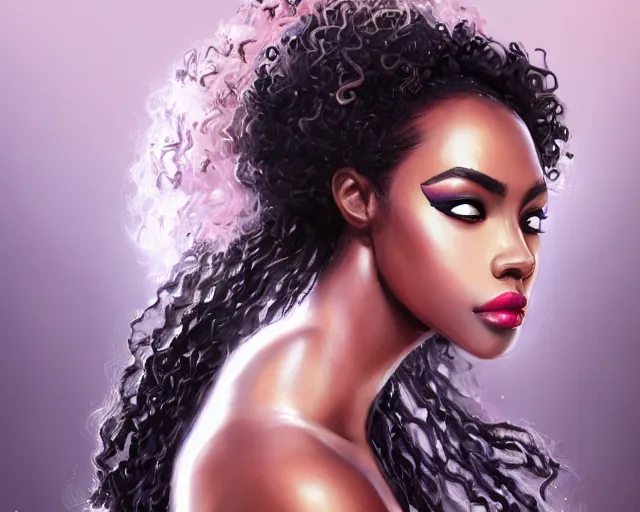 Image similar to A beautiful black skinned woman wearing a scarf with large lips and smooth eyebrows and curly hair, complimentary eyeliner, light blush and metallic eyeshadow, HD, illustration, epic, fantasy, intricate, elegant, amazing detail, digital painting, artstation, concept art, smooth, sharp focus, illustration, art by Turine Tran
