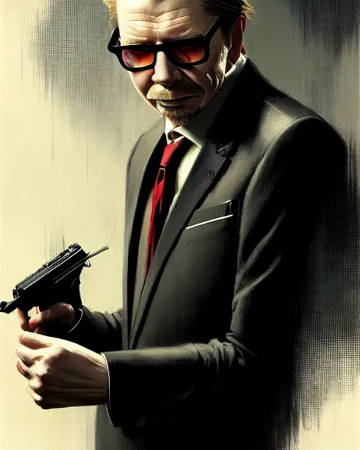 Image similar to gary oldman as hitman agent 4 7, 4 0 years old, pulp character portrait, ultra realistic, concept art, intricate details, highly detailed by greg rutkowski, gaston bussiere, craig mullins, simon bisley