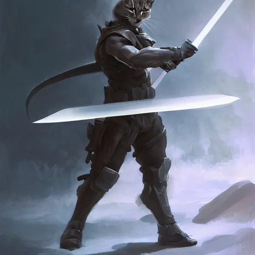 Image similar to character concept portrait, a warrior cat holding a sword in a combat stance. dark background. bright glowing. digital painting, concept art, smooth, sharp focus, illustration, from metal gear, by ruan jia and mandy jurgens and william, adolphe bouguereau, artgerm