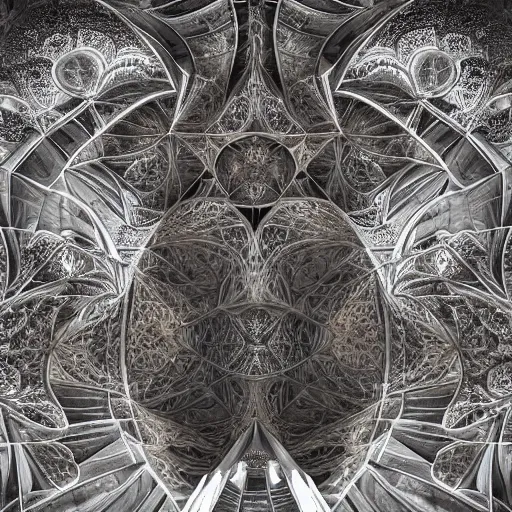 Image similar to a beautiful 3 d painting of a sprawling intricate cathedral populated by mandelbrot fractals by android jones, carved soap, white color scheme, unreal engine, volumetric lighting, dynamic lighting, dramatic lighting, high contrast, depth of field, carved marble, opalescent, sacred geometry, religious, angelic, catholicpunk, stark, trending on artstation