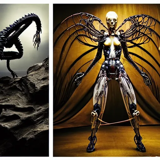 Image similar to still frame from Prometheus movie by Makoto Aida, biomechanical angel gynoid by giger, mimicking devil's dragon flower mantis, metal couture by neri oxmn and Guo pei, editorial by Malczewski and by Caravaggio