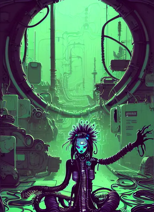 Prompt: highly detailed portrait of wasteland punk long dripping green poison hair tribal lady, stray wiring by atey ghailan, james gilleard, by joe fenton, by greg rutkowski, by greg tocchini, by kaethe butcher, 4 k resolution, gradient purple, brown and black and white color scheme!!! ( ( green flaming robotic sewer background ) )