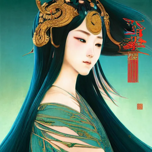 Image similar to a beautiful portrait of hatsune miku with teal colored hair with deep red highlight streaks in her hair dressed as a ancient chinese sorceress, intricate, elegant, highly detailed, digital painting, artstation, concept art, matte, sharp focus, illustration, art by greg rutkowski and alphonse mucha