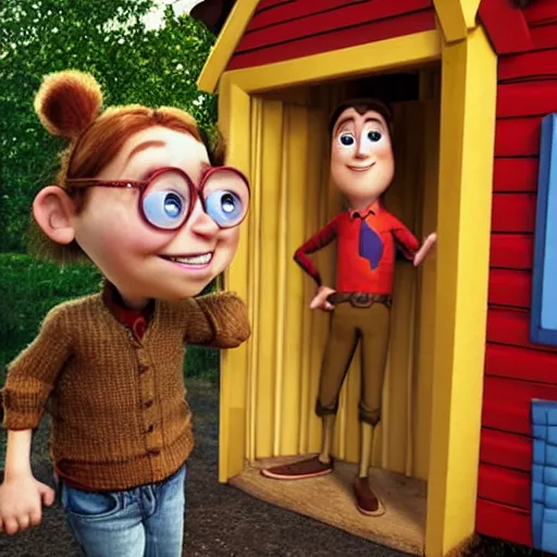 Image similar to a hero shot for a movie poster of an anthropomorphic main character of a kids movie by pixar, proudly smiling and standing in front of a small and compact wooden house