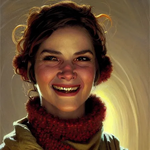 Prompt: a portrait of an anthromorphic pitbull female wearing a sweater and smiling at the viewer. highly detailed painting by gaston bussiere, craig mullins, j. c. leyendecker 8 k