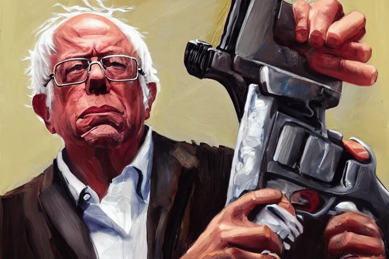 Image similar to Bernie Sanders as gangsta rapper, drinking cough syrup, carrying an Uzi, oil on canvas, artstation, portrait, masterpiece, aesthetic