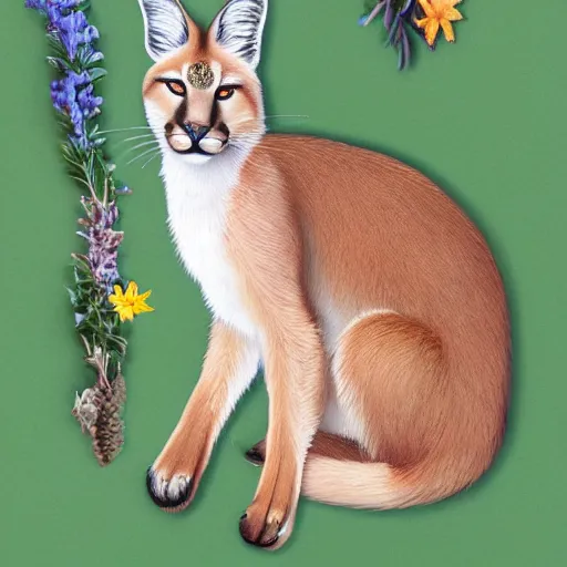 Image similar to full body photo of cute caracal. he is wearing laurel wreath on his ears, studio light