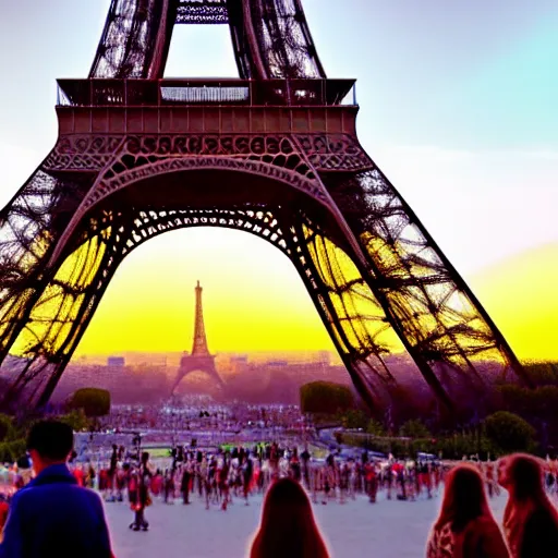 Prompt: Eiffel tower at sunset with Chinese tourists everywhere, Chinese flags