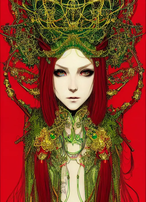 Image similar to a painting of a beautiful cyberpunk elven queen with long red hair, wearing green, red and gold ornate dress, golden intricate crown. detailed symmetrical full body portrait, intricate complexity, concept art, by takato yamamoto, makoto shinkai. cinematic dramatic atmosphere, sharp focus