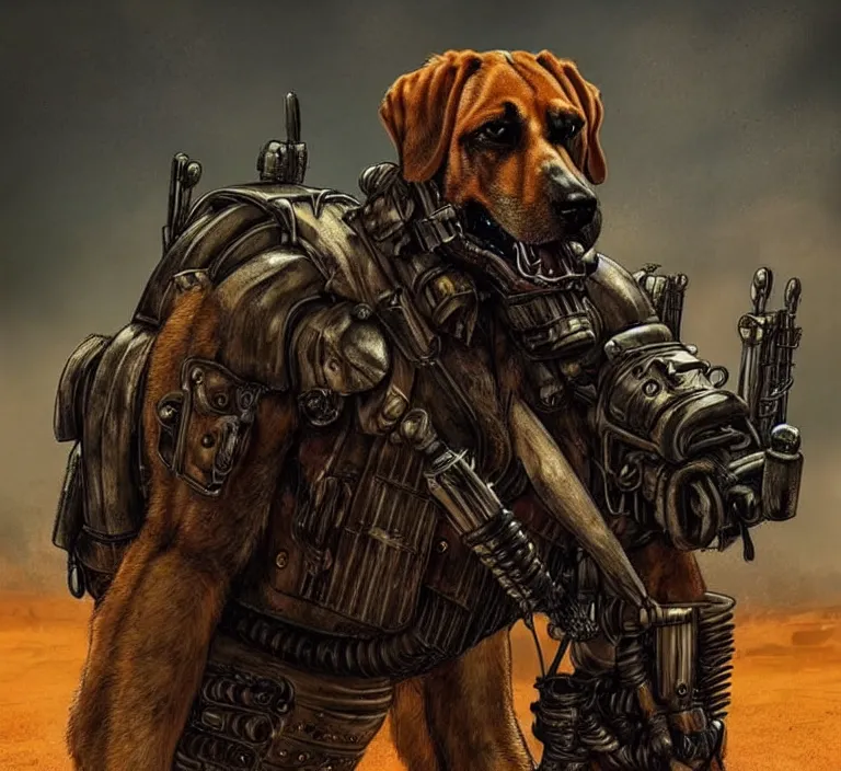 Image similar to a good ol'bloodhound dog fursona ( from the furry fandom ), heavily armed and armored facing down armageddon in a dark and gritty version from the makers of mad max : fury road. witness me.