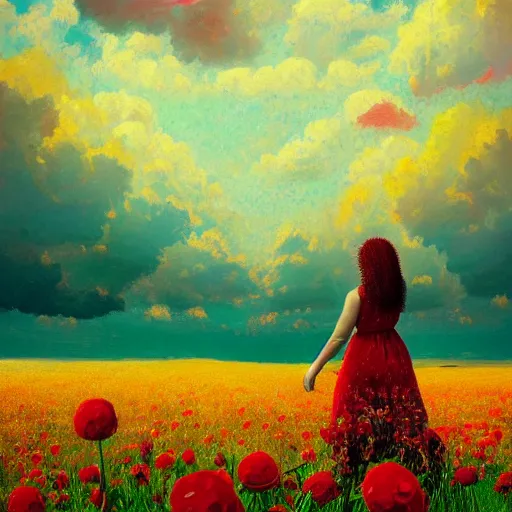 Image similar to giant red flower afro, full body, girl in the middle of a field with flowers, surreal photography, hills, sunrise dramatic light, impressionist painting, colorful clouds, digital painting, pointillism, artstation, simon stalenhag