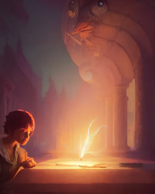 Image similar to highly detailed vfx portrait of an young mage casting a light spell, unreal engine, greg rutkowski, loish, rhads, beeple, makoto shinkai and lois van baarle, ilya kuvshinov, rossdraws, tom bagshaw, alphonse mucha, global illumination, detailed and intricate environment