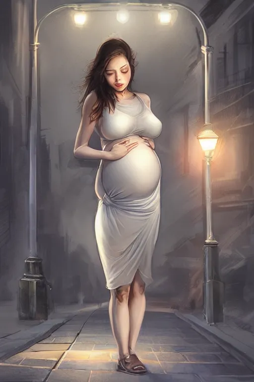 Prompt: pregnant woman under street light, highly detailed, sharp focused, ultra realistic digital concept art by Stanley Artgerm Lau