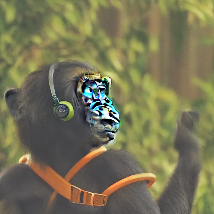 Image similar to a high quality photo of a green chimp wearing headphones, realism, 8k