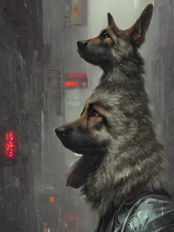 Image similar to new york city portrait of furry anthro anthropomorphic german shepard head animal person fursona wearing clothes strange cybernetic muzzle gloomy rainy cyberpunk digital art by Greg Rutkowski, Simon Stalenhag, trending on Artstation, CGSociety