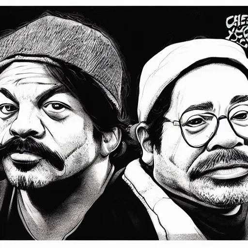 Image similar to portrait of cheech and chong as portrayed in up in smoke, concept art, sumi - e style, intricate linework, artstation, trending, highly detailed, smooth, focus, art by yoji shinkawa,