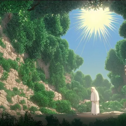 Prompt: the life of jesus christ by studio ghilbli | still of studio ghibli film | beautifully detailed | jesus enters jerusalem