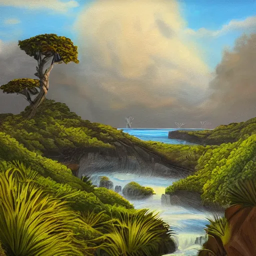 Image similar to painting of a lush natural scene on an alien planet by emma webster. beautiful landscape. weird vegetation. cliffs and water.