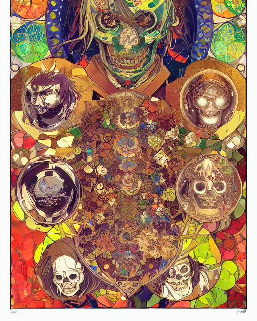 Prompt: anime manga skull art surrounded by varities of superhot chili peppers, cell shading, voronoi, fibonacci sequence, sacred geometry by Alphonse Mucha, Moebius, hiroshi yoshida, Art Nouveau, colorful, ultradetailed, vivid colour, 3d