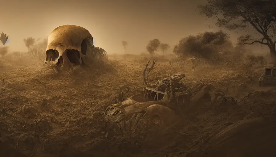 Image similar to a vast wasteland, 1 colossal skull half covered in dust and sand, overgrown with plants, dried leaves, cinematic lighting, trending on artstation, national geographic photography, digital painting, elaborate matte painting