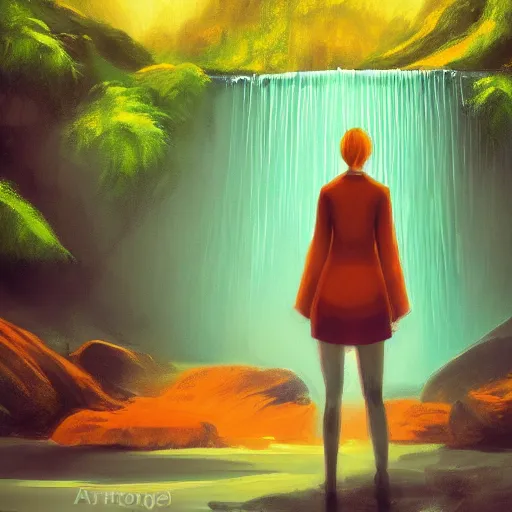 Image similar to a woman stands in front of a waterfall, green and orange color scheme, morning, artstation,