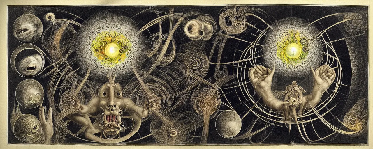 Prompt: a strange creature with endearing eyes radiates a unique canto'as above so below'while being ignited by the spirit of haeckel and robert fludd, breakthrough is iminent, glory be to the magic within, in honor of saturn, painted by ronny khalil