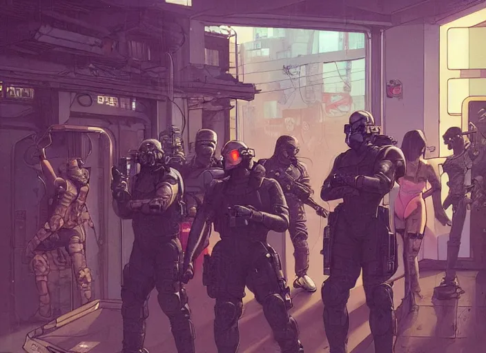 Prompt: cyberpunk swat team assaulting drug den. portrait by stonehouse and mœbius and will eisner and gil elvgren and pixar. character design. realistic proportions. cyberpunk 2 0 7 7 character art, blade runner 2 0 4 9 concept art. cel shading. attractive face. thick lines. the team. diverse characters. artstationhq.