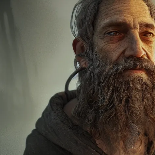 Image similar to realistic a human hobo druid with nature magic around, fantasy book, d & d, high detail, 8 k, octane render painting, dark fantasy