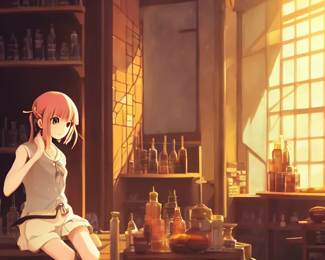 Image similar to anime visual, portrait of a young female traveler in a alchemist's potion shop interior, cute face by yoh yoshinari, katsura masakazu, cinematic luts, cold studio lighting, dynamic pose, dynamic perspective, strong silhouette, anime cels, ilya kuvshinov, cel shaded, crisp and sharp, rounded eyes