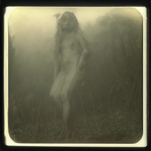 Image similar to an ancient evil-girl devouring the human souls on a mysterious Colombian jungle, mist, 1910 polaroid photography, grainy film, Black and white